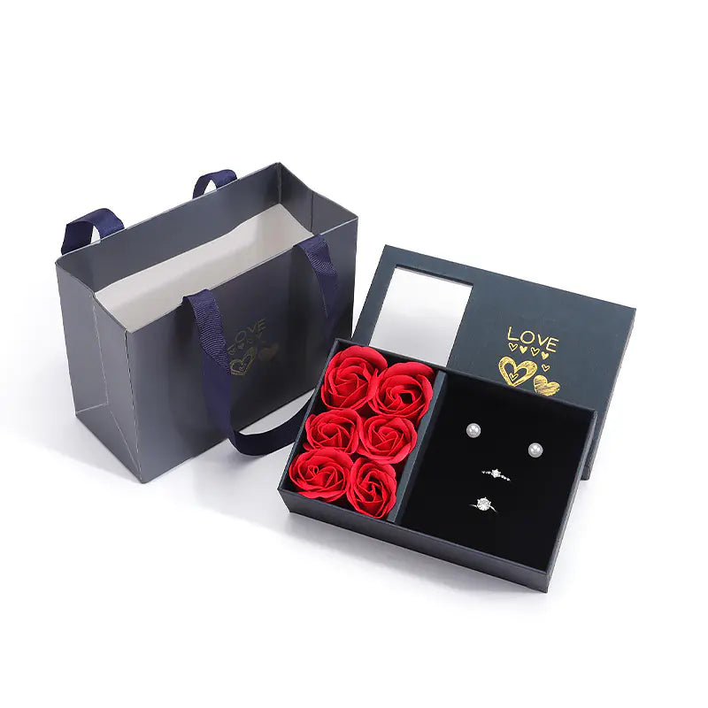 Caja de Regalo de Joyería de Rosa para Conjunto de Anillos y Collares