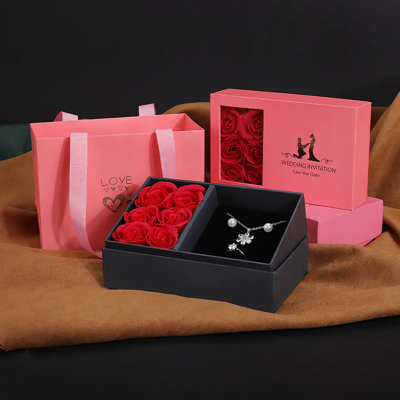 Caja de Regalo de Joyería de Rosa para Conjunto de Anillos y Collares
