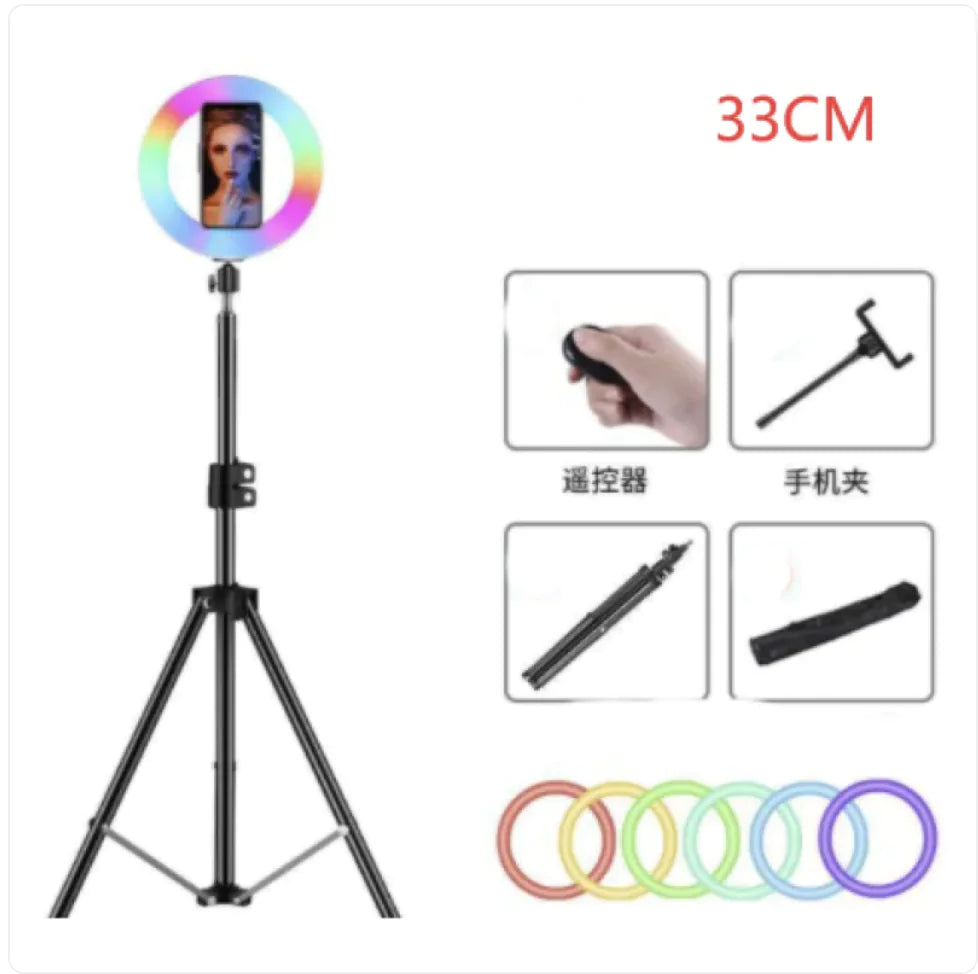 Anillo de luz colorido con soporte para maquillaje y retransmisión en directo