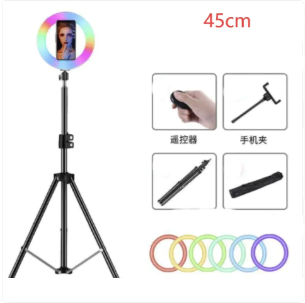 Anillo de luz colorido con soporte para maquillaje y retransmisión en directo