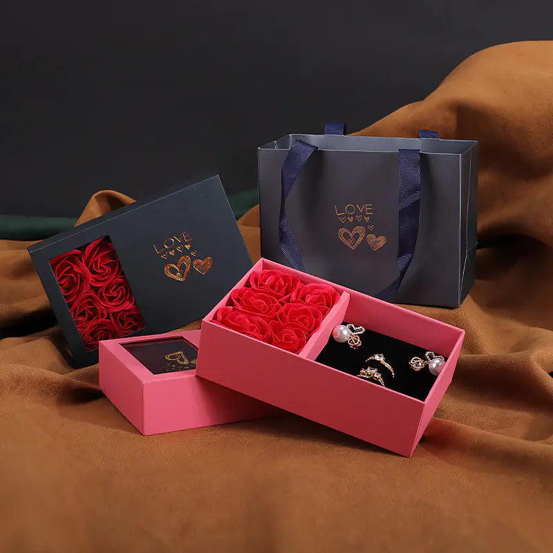 Caja de Regalo de Joyería de Rosa para Conjunto de Anillos y Collares