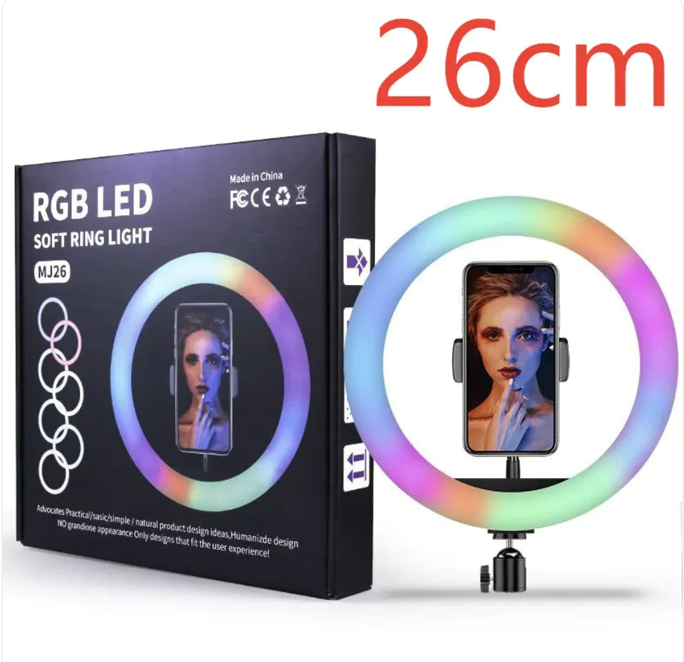Anillo de luz colorido con soporte para maquillaje y retransmisión en directo
