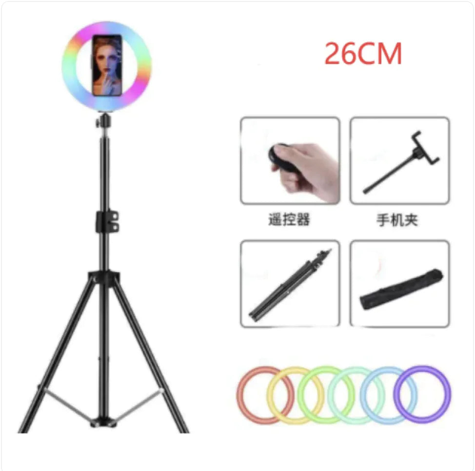 Anillo de luz colorido con soporte para maquillaje y retransmisión en directo
