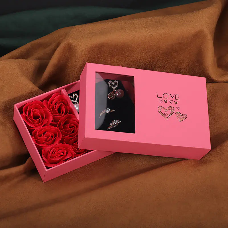 Caja de Regalo de Joyería de Rosa para Conjunto de Anillos y Collares