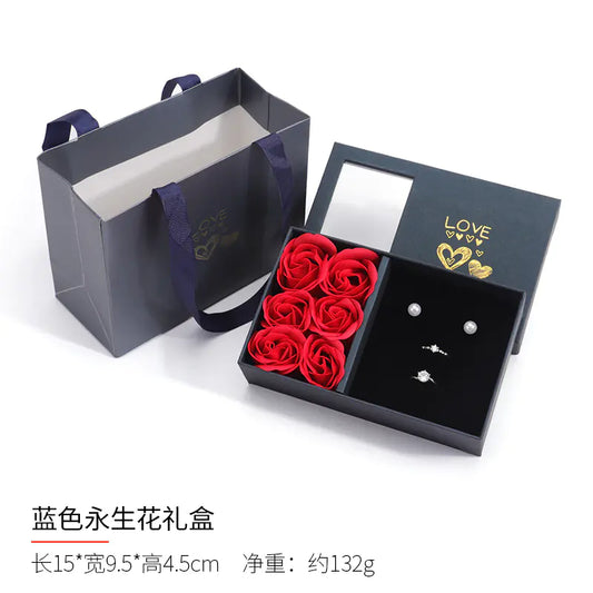 Caja de Regalo de Joyería de Rosa para Conjunto de Anillos y Collares